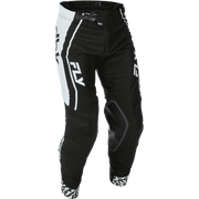 Black and white FLY motocross pants with protective knee pads and white FLY logos on the sides, shown against a plain white background.