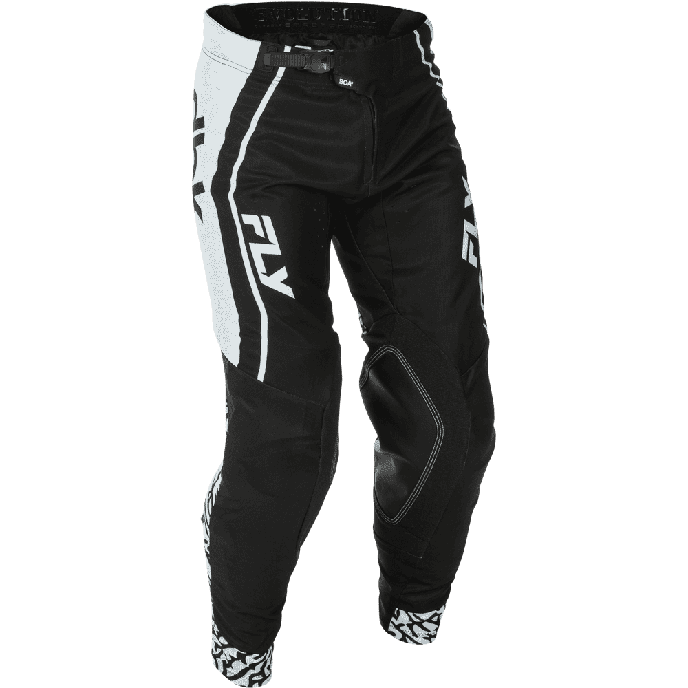 Black and white FLY motocross pants with protective knee pads and white FLY logos on the sides, shown against a plain white background.