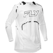 A white long-sleeve motocross jersey with black and gray graphic accents, featuring the 'FLY' brand logo on the chest and subtle perforated details on the sleeves and torso.