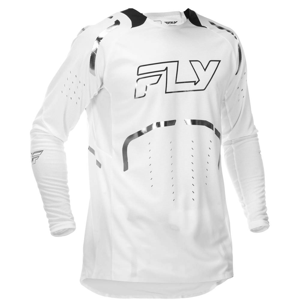 A white long-sleeve motocross jersey with black and gray graphic accents, featuring the 'FLY' brand logo on the chest and subtle perforated details on the sleeves and torso.
