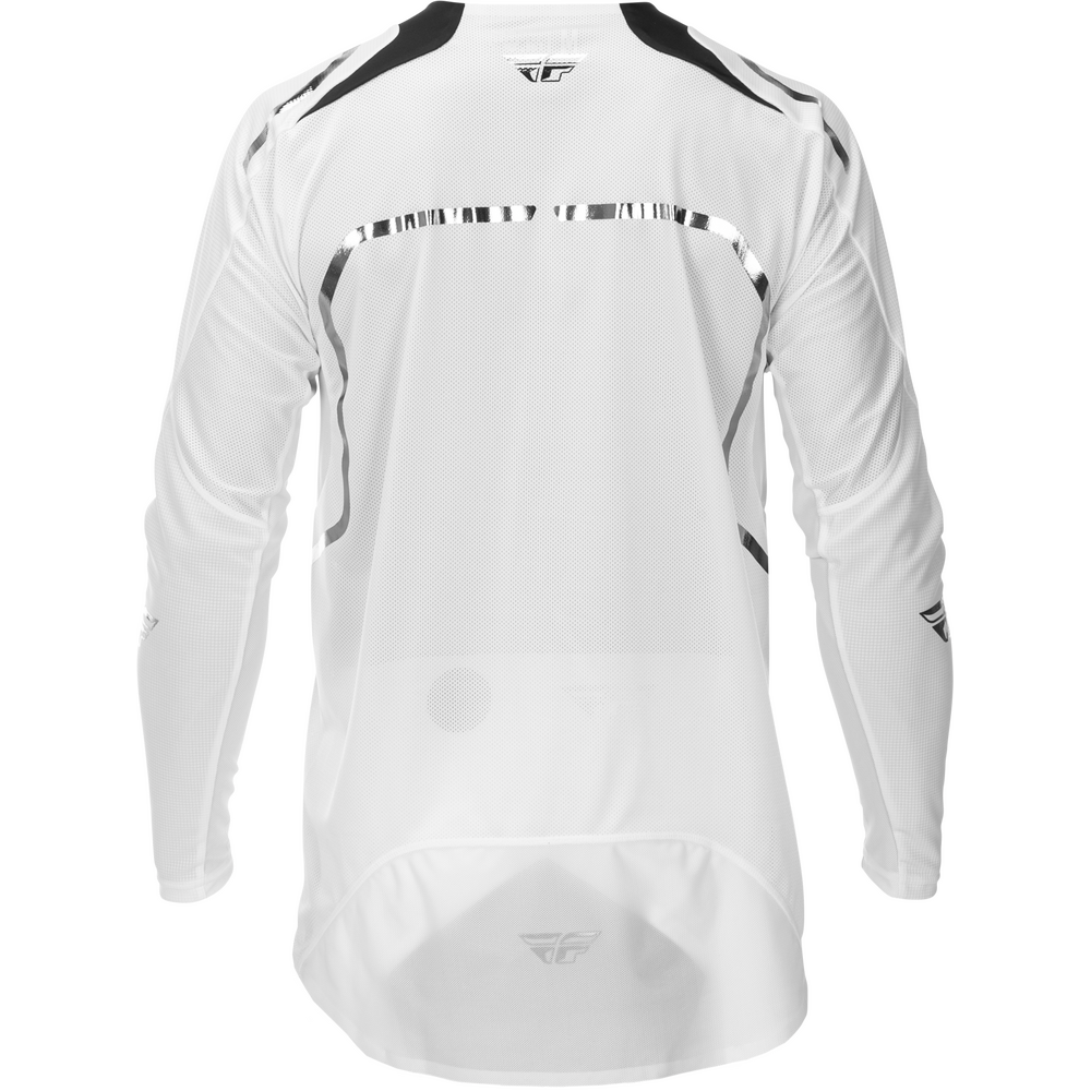 White long-sleeve athletic jersey with black and silver reflective accents, shown from the back on a white background.