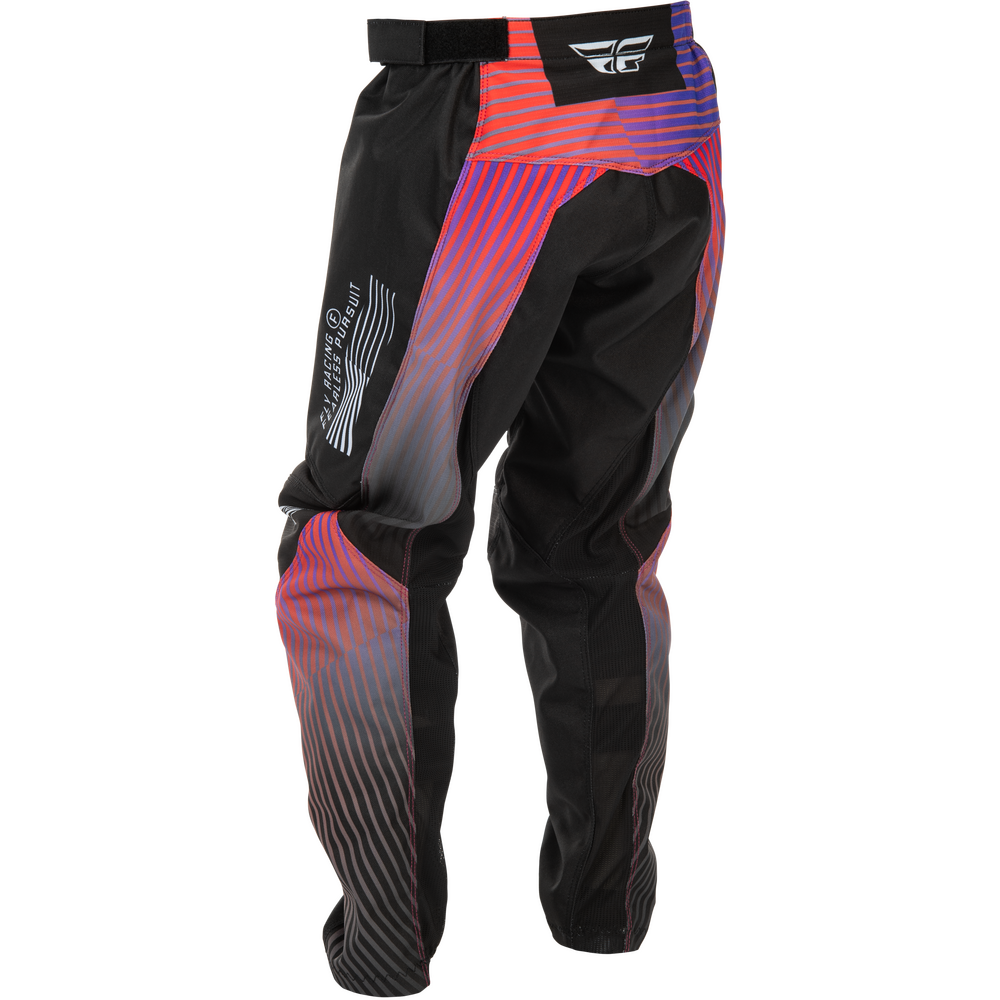 Black motocross pants with vibrant pink, purple, and blue gradient stripe patterns on the sides and thighs, featuring a black waistband with a white logo and white graphics on the leg.
