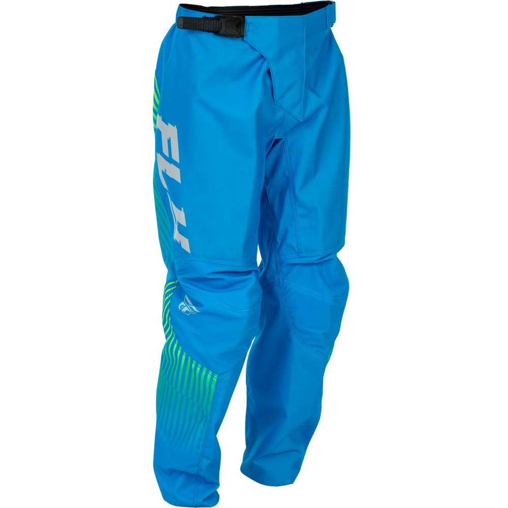 Bright blue motocross pants with a black waist belt, featuring a large white 'FLY' logo on the left thigh and green graphic accents on the lower leg, shown against a plain white background.