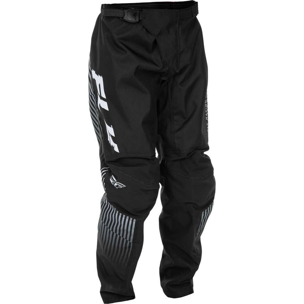 Black motocross pants with white and gray graphic stripes and logos, shown on a plain white background.