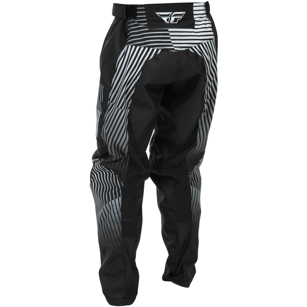 Black and gray pants with a brand logo on a white background