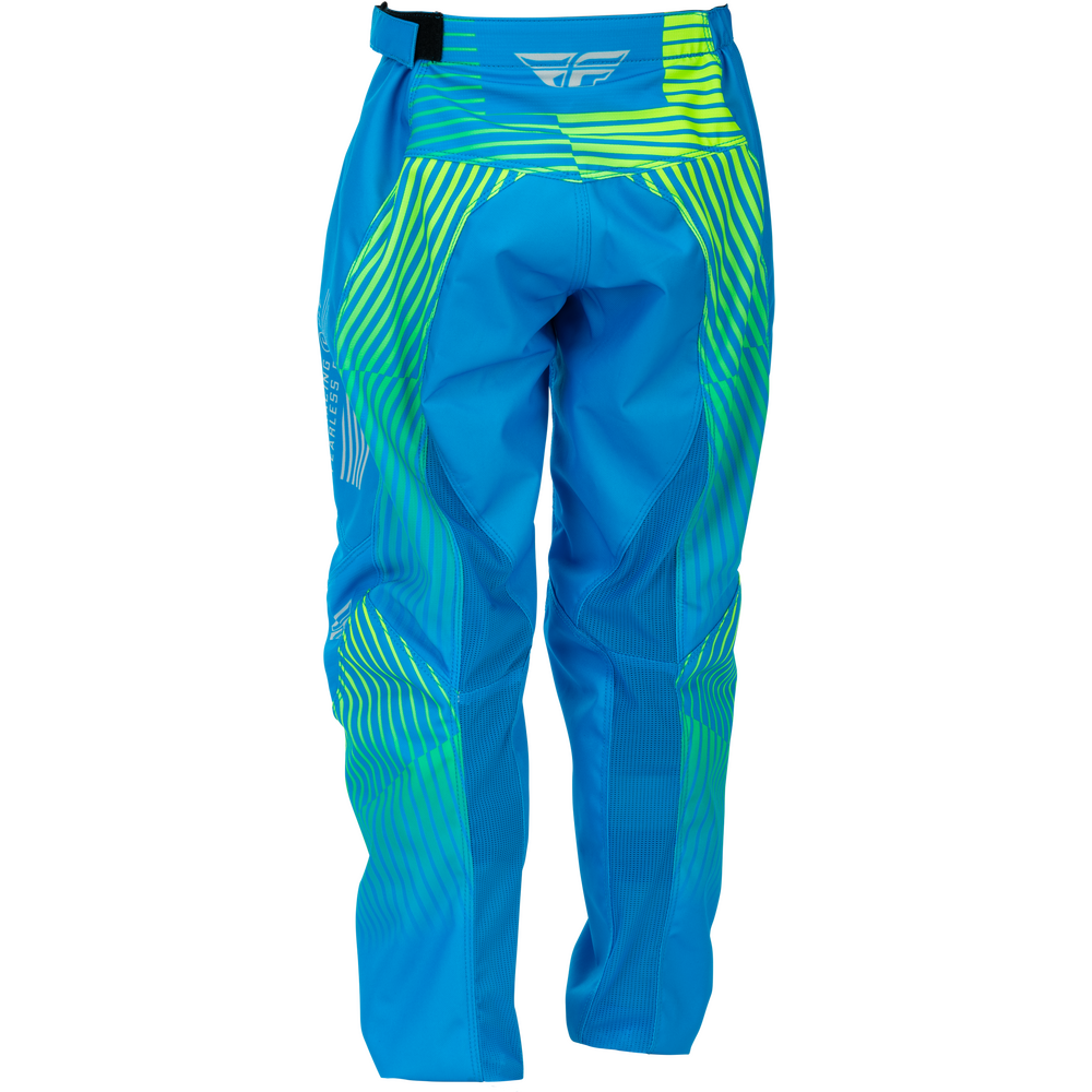 Blue motocross pants with bright green and yellow geometric stripe patterns, featuring a white wing logo on the waistband.