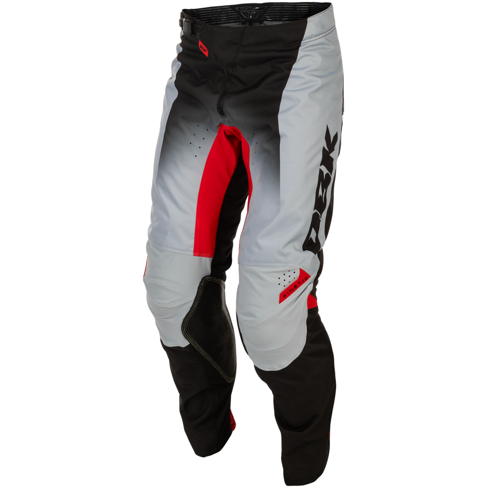 A pair of motocross pants in a black, white, and red colorway, featuring a white-to-light-gray gradient upper leg, solid black lower legs, and red accent panels on the sides.