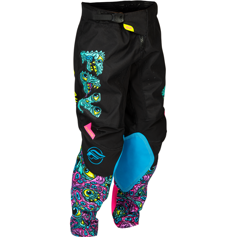 Black motocross pants with vibrant multicolor psychedelic patterns on the lower legs and upper thigh, featuring a bright blue knee pad and pink accents.