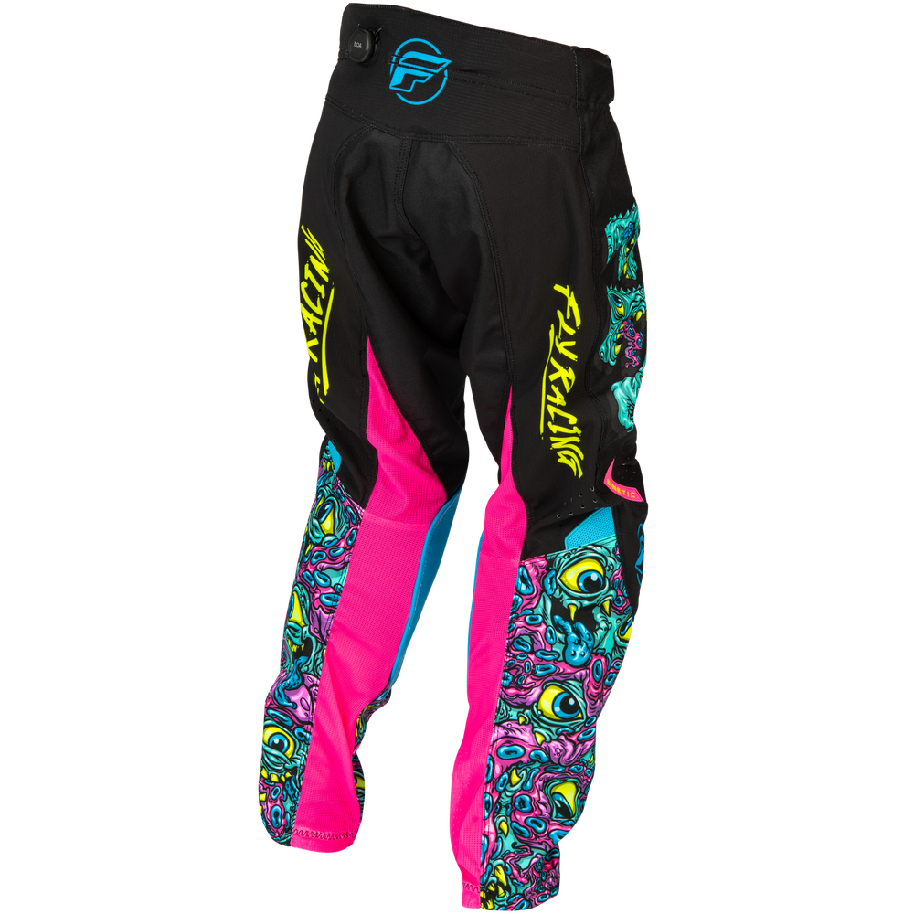 Black motocross pants with vibrant neon pink and multicolor psychedelic skull graphics, featuring yellow and blue branding details.
