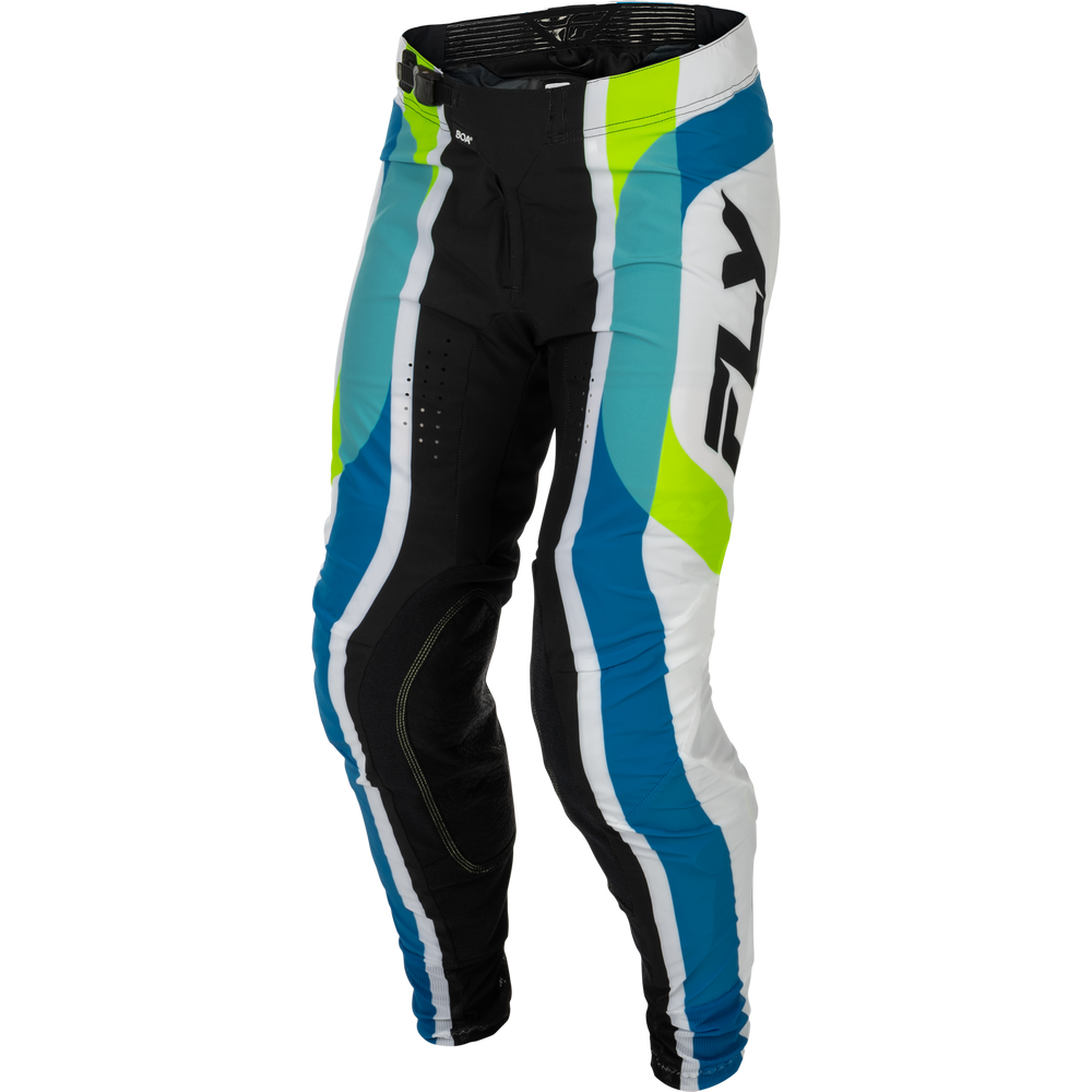 A pair of Fly motocross pants in black, white, blue, and neon yellow-green, shown on a clean white background.