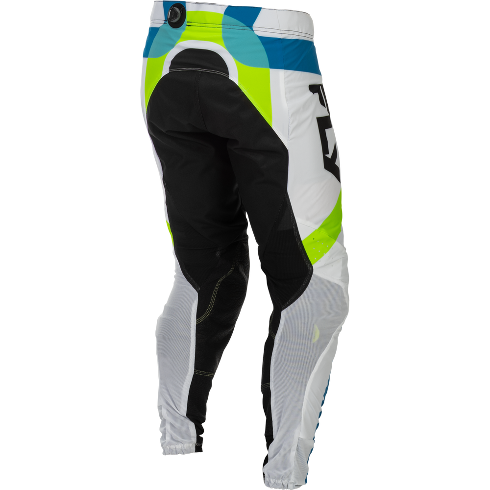 A pair of motocross pants shown from the back, featuring a color-blocked design with black, white, gray, blue, and neon yellow-green panels.