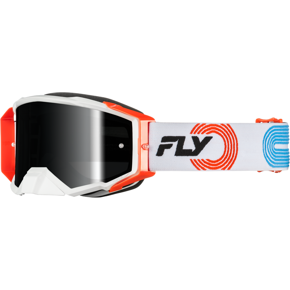 White and orange motocross goggles with a black shield lens and a white strap featuring the FLY brand logo and red and blue graphic accents.