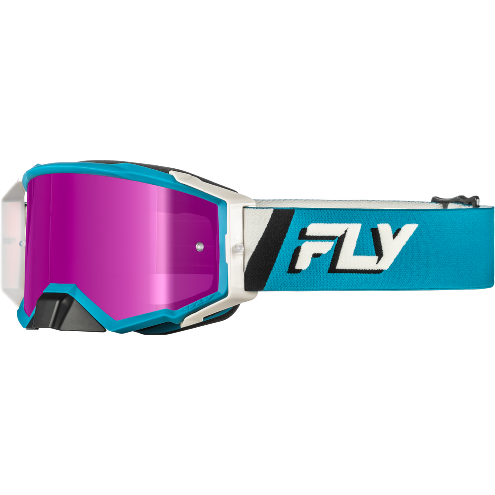 Moto goggles with a bright turquoise and white frame, a reflective magenta-pink lens, and a turquoise adjustable strap featuring the white 'FLY' logo.