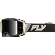 Black and silver motocross goggles with a dark reflective lens and a black strap featuring a large white 'FLY' logo, shown against a plain white background.