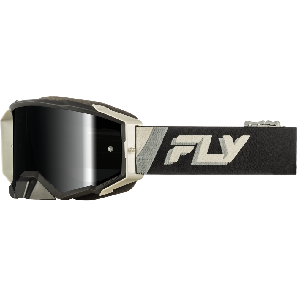 Black and silver motocross goggles with a dark reflective lens and a black strap featuring a large white 'FLY' logo, shown against a plain white background.