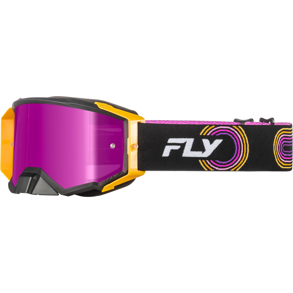 A pair of FLY motocross goggles featuring a vibrant magenta-purple mirrored lens, a black and yellow frame, and a black adjustable strap with a pink, yellow, and purple graphic pattern and the white FLY logo.