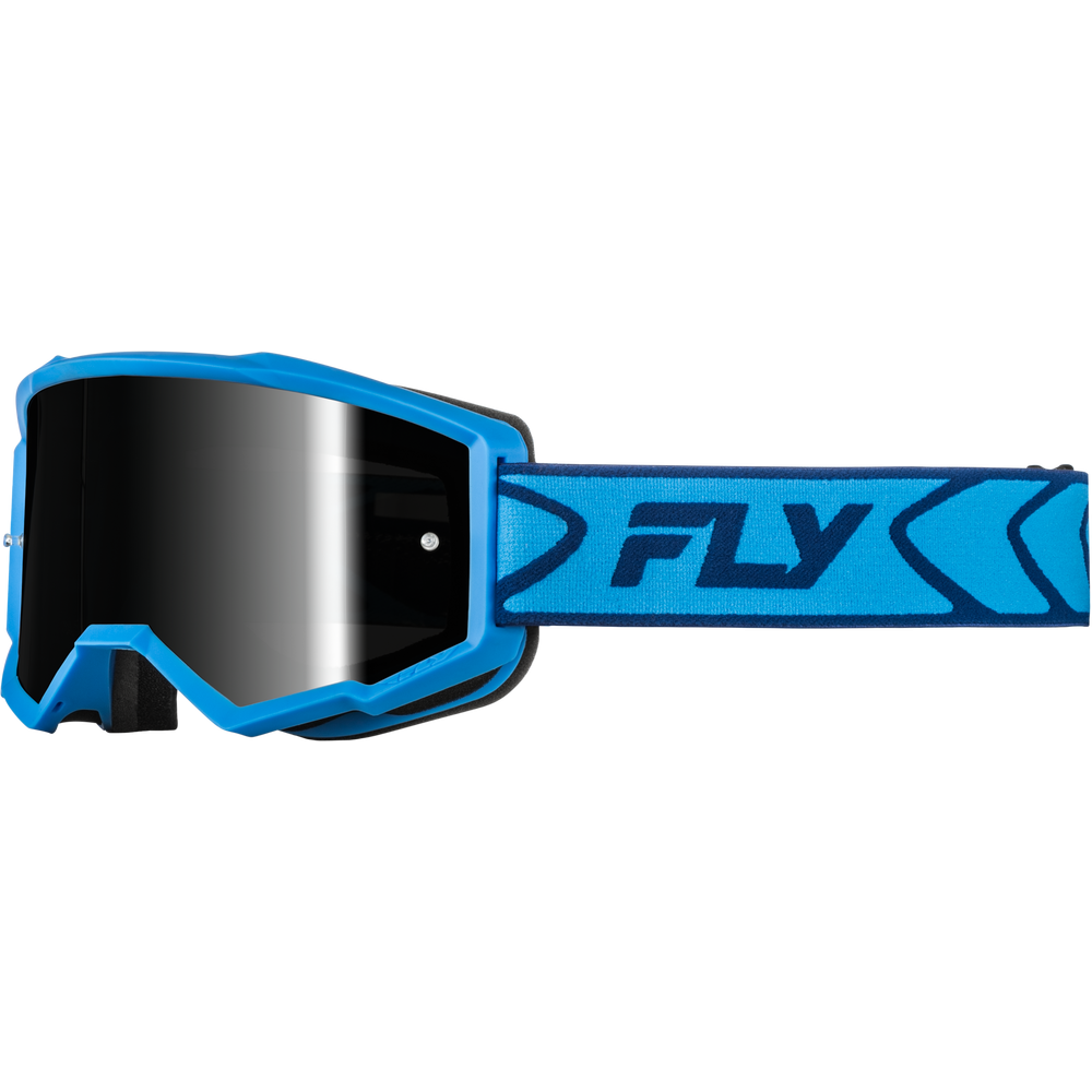 Blue motocross goggles with a black mirrored lens and a blue strap featuring the 'FLY' brand logo, shown against a plain white background.