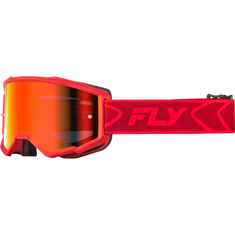 Red Fly snow goggles with a mirrored orange-red lens and a red adjustable strap featuring the 'FLY' logo.