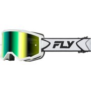White motocross goggles with a reflective green-to-yellow mirrored lens and a white strap featuring the black FLY logo.