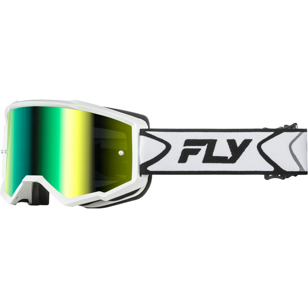White motocross goggles with a reflective green-to-yellow mirrored lens and a white strap featuring the black FLY logo.