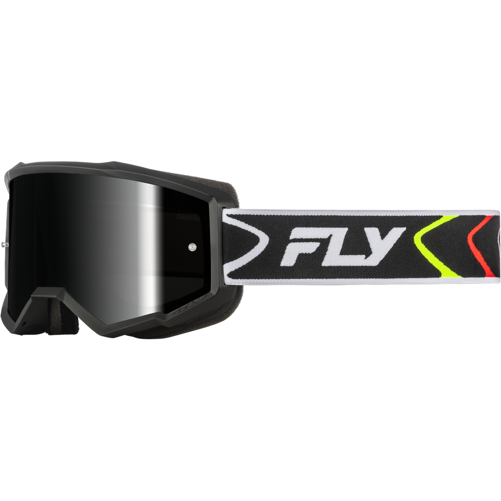 Black motocross goggles with a dark mirrored lens and a black, white, and neon yellow-green adjustable strap featuring the FLY brand logo.