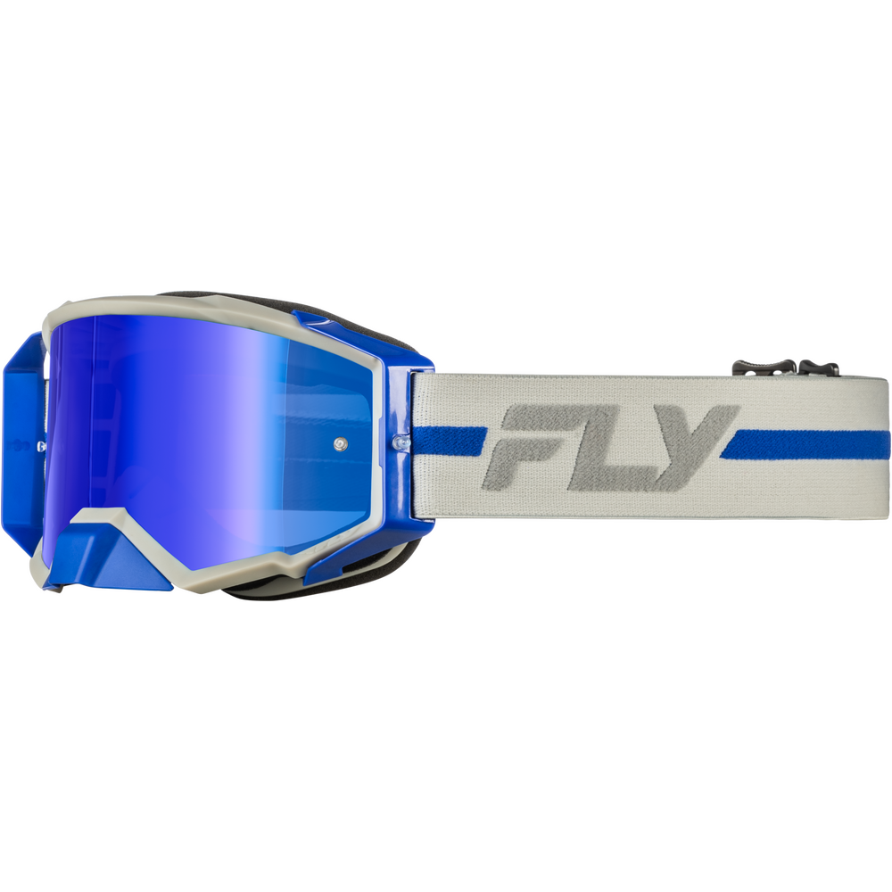 Blue mirrored motocross goggles with a white and blue adjustable strap featuring the FLY logo, shown against a plain white background.