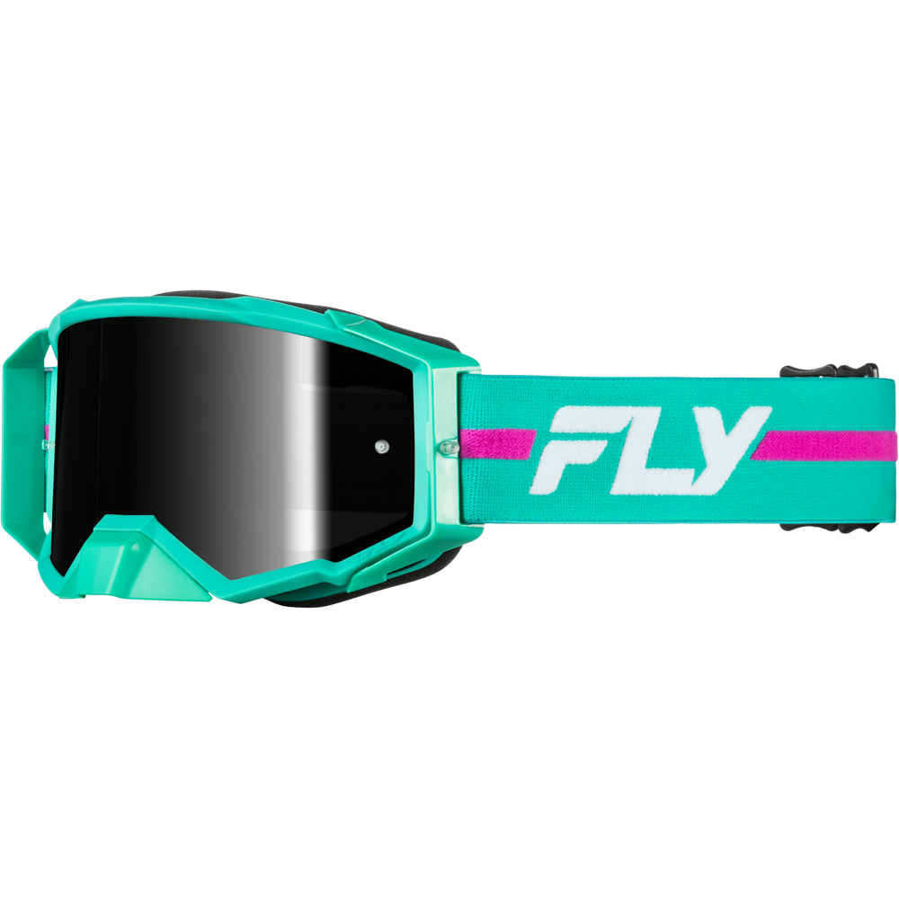 MotoGP-style goggles with a bright teal frame and strap, featuring a dark reflective lens and a pink and white 'FLY' logo on the strap.