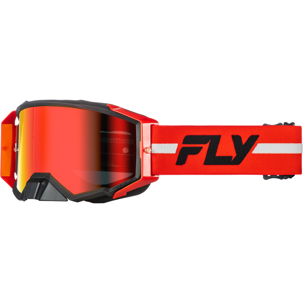 Red and black motocross goggles with a reflective red lens and a red strap featuring a white stripe and the black FLY logo.