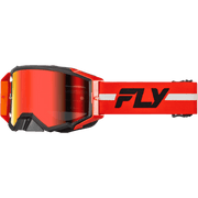 Red and black motocross goggles with a reflective red lens and a red strap featuring a white stripe and the black FLY logo.