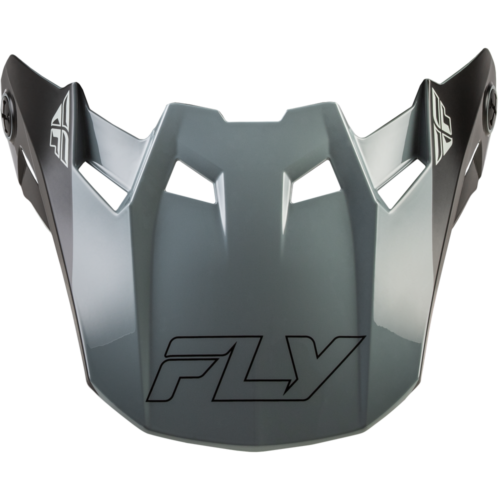 A dark gray and black motocross helmet visor with the brand name 'FLY' printed in black outline on the front, set against a plain white background.