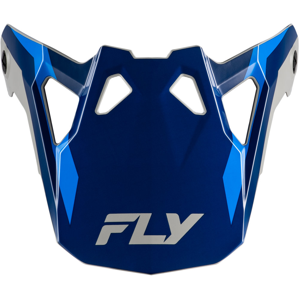 A blue and light blue motocross or off-road helmet peak visor with a silver 'FLY' logo on the front, shown against a plain white background.