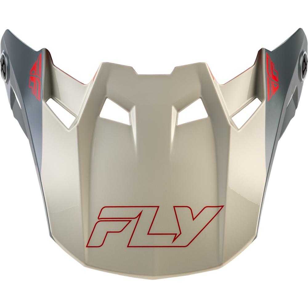 A protective motocross helmet visor in a metallic champagne-gold finish, featuring a red outlined 'FLY' logo on the front and red graphics on the side panels, set against a plain white background.