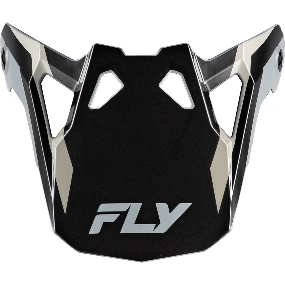 A black and silver motocross helmet peak visor with the brand name 'FLY' printed in silver on the lower front, shown against a plain white background