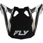 A black and silver motocross helmet peak visor with the brand name 'FLY' printed in silver on the lower front, shown against a plain white background