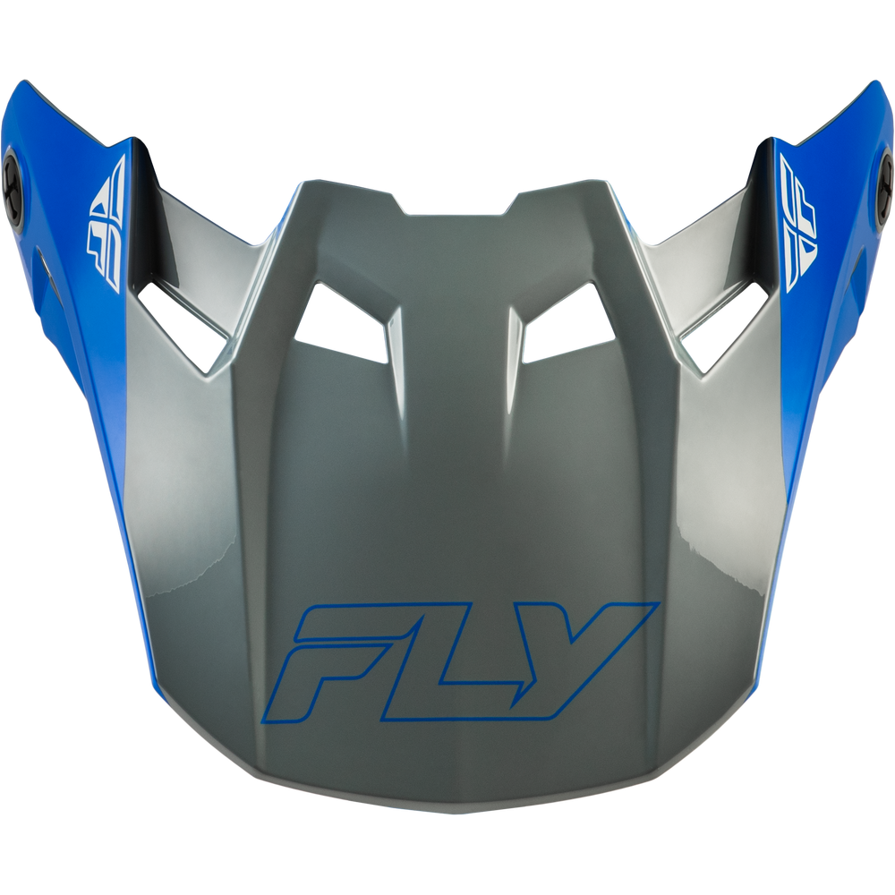 A motocross or mountain bike face shield visor with a matte gray center and bright blue side panels, featuring the brand name 'FLY' outlined in blue on the front and white logos on the side guards, set against a plain white background.