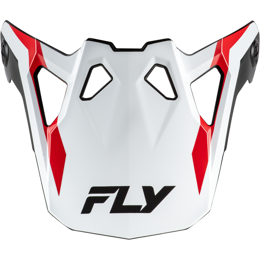 A white motocross or off-road helmet peak visor with red and black graphic accents and the brand name 'FLY' printed in black at the bottom, shown against a plain white background.
