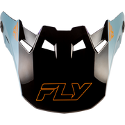 A glossy black motocross helmet visor with orange 'FLY' logo graphics and light blue side panels, shown on a plain white background.
