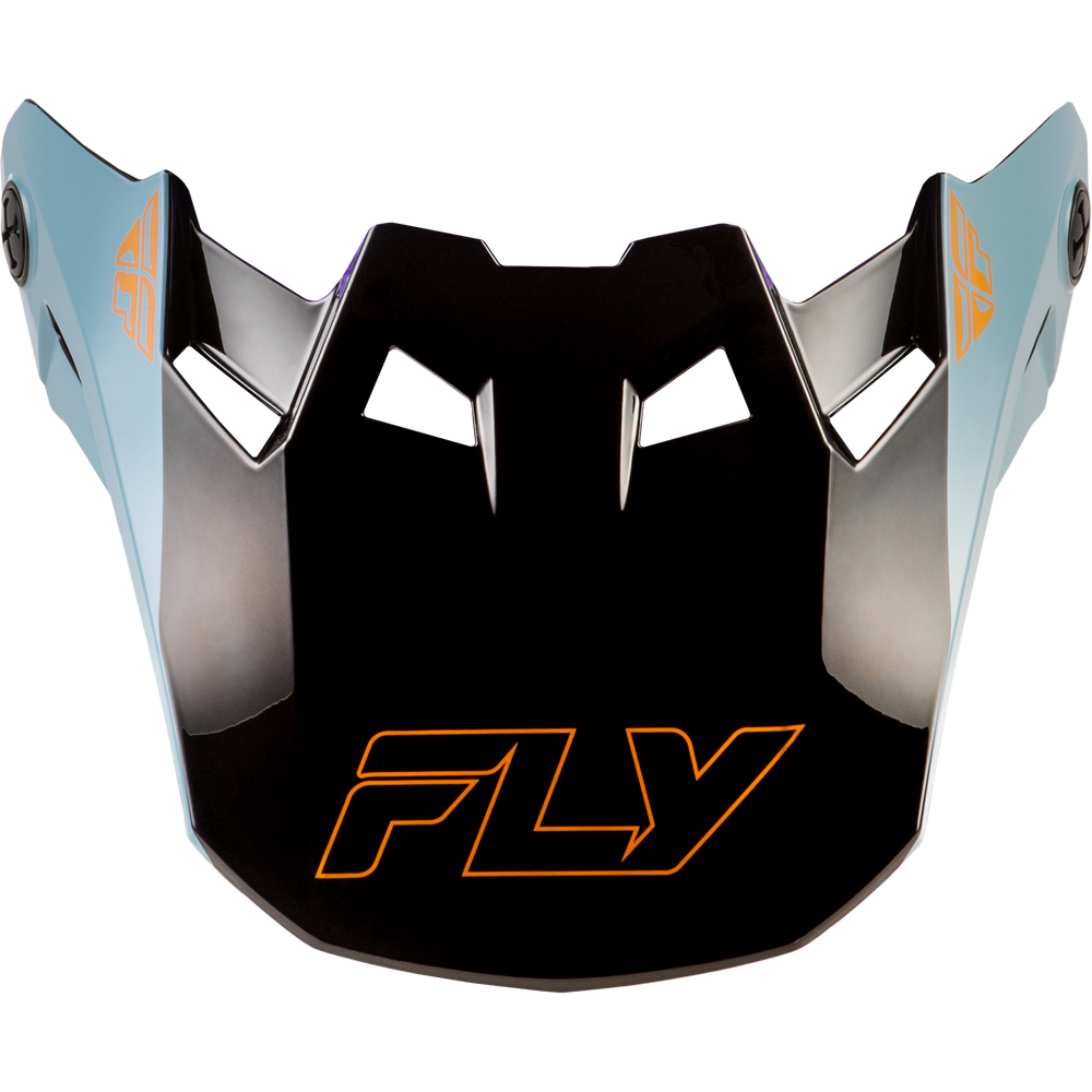A glossy black motocross helmet visor with orange 'FLY' logo graphics and light blue side panels, shown on a plain white background.