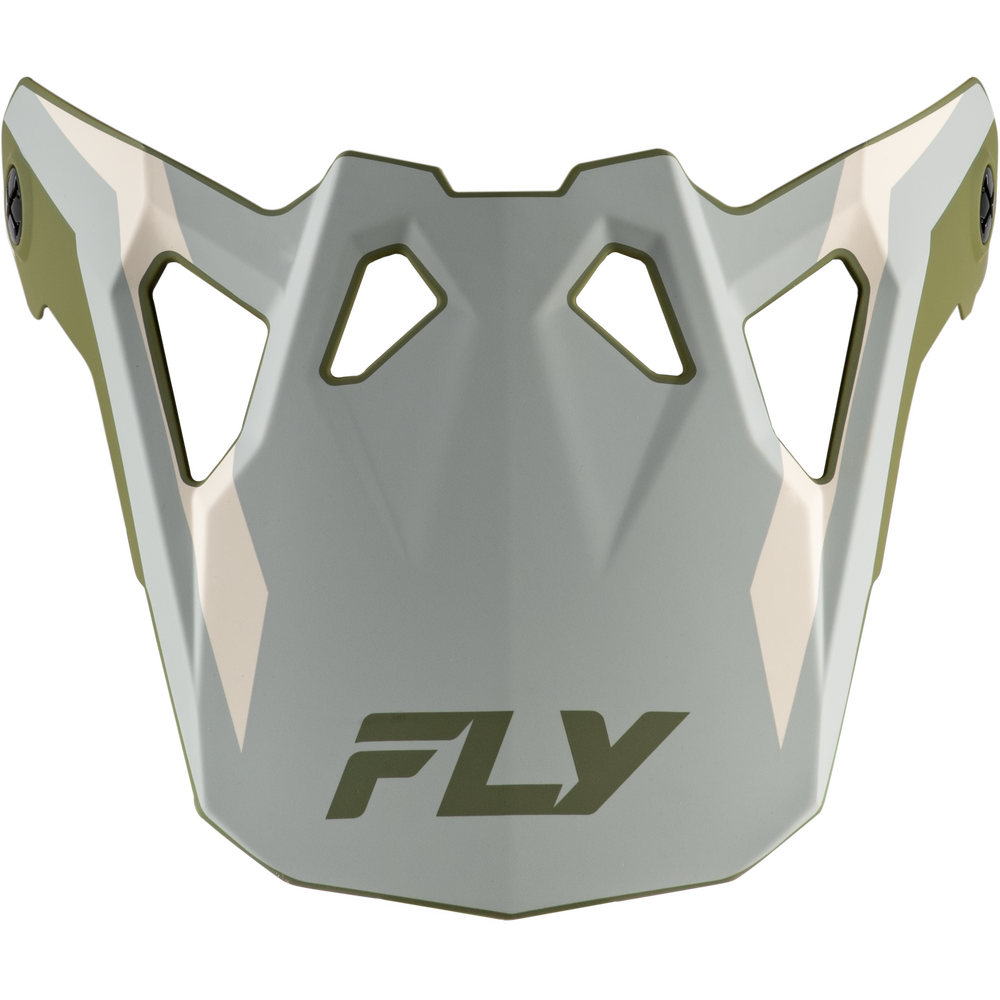 A motocross or off-road peak visor with a matte silver-gray front plate, olive green accents on the sides, and the brand name 'FLY' printed in dark green on the lower front.
