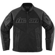 A black and dark gray Icon motorcycle jacket with a full-zip front, mesh panels, and embossed logo details on the chest and sleeves, shown against a plain white background.