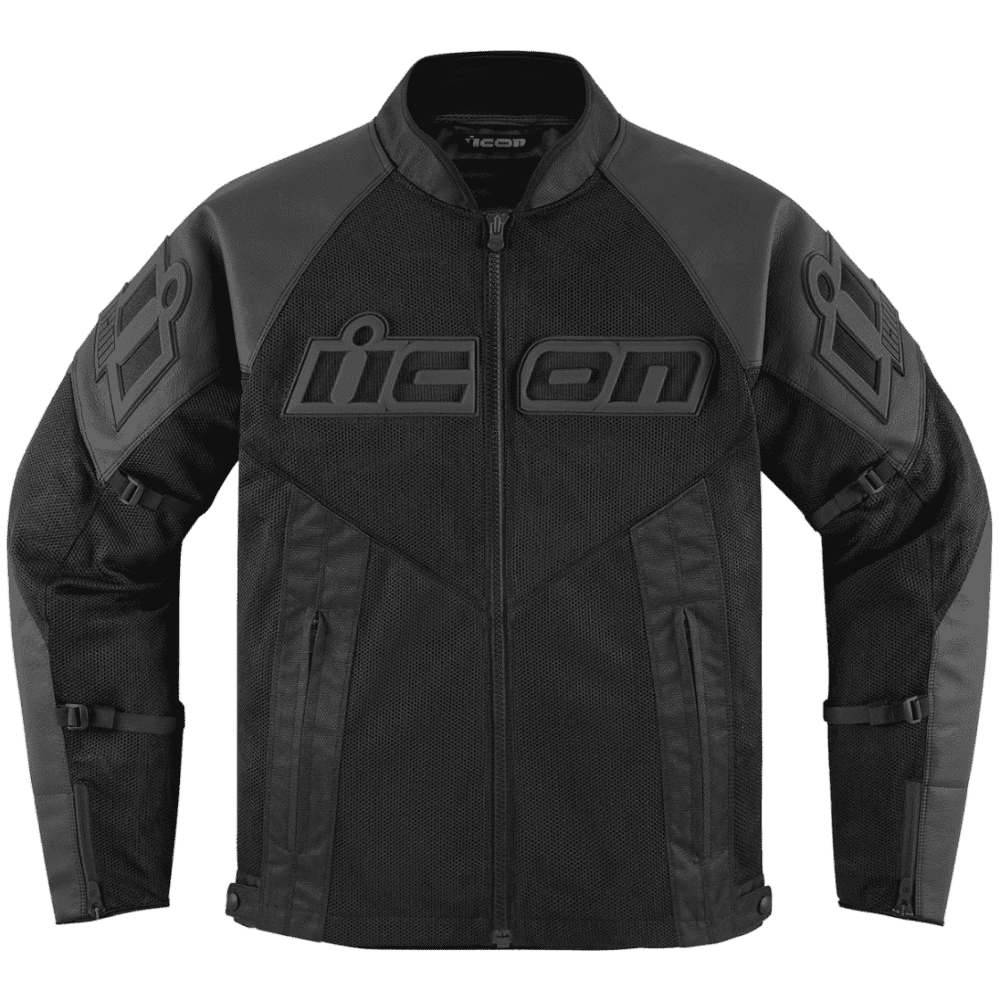 A black and dark gray Icon motorcycle jacket with a full-zip front, mesh panels, and embossed logo details on the chest and sleeves, shown against a plain white background.
