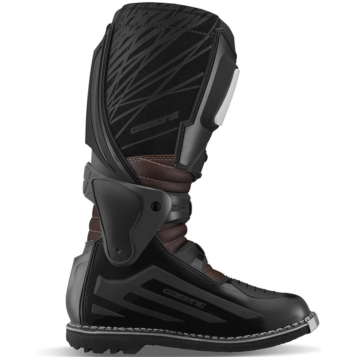 Black motorcycle boot with brown accents on a white background