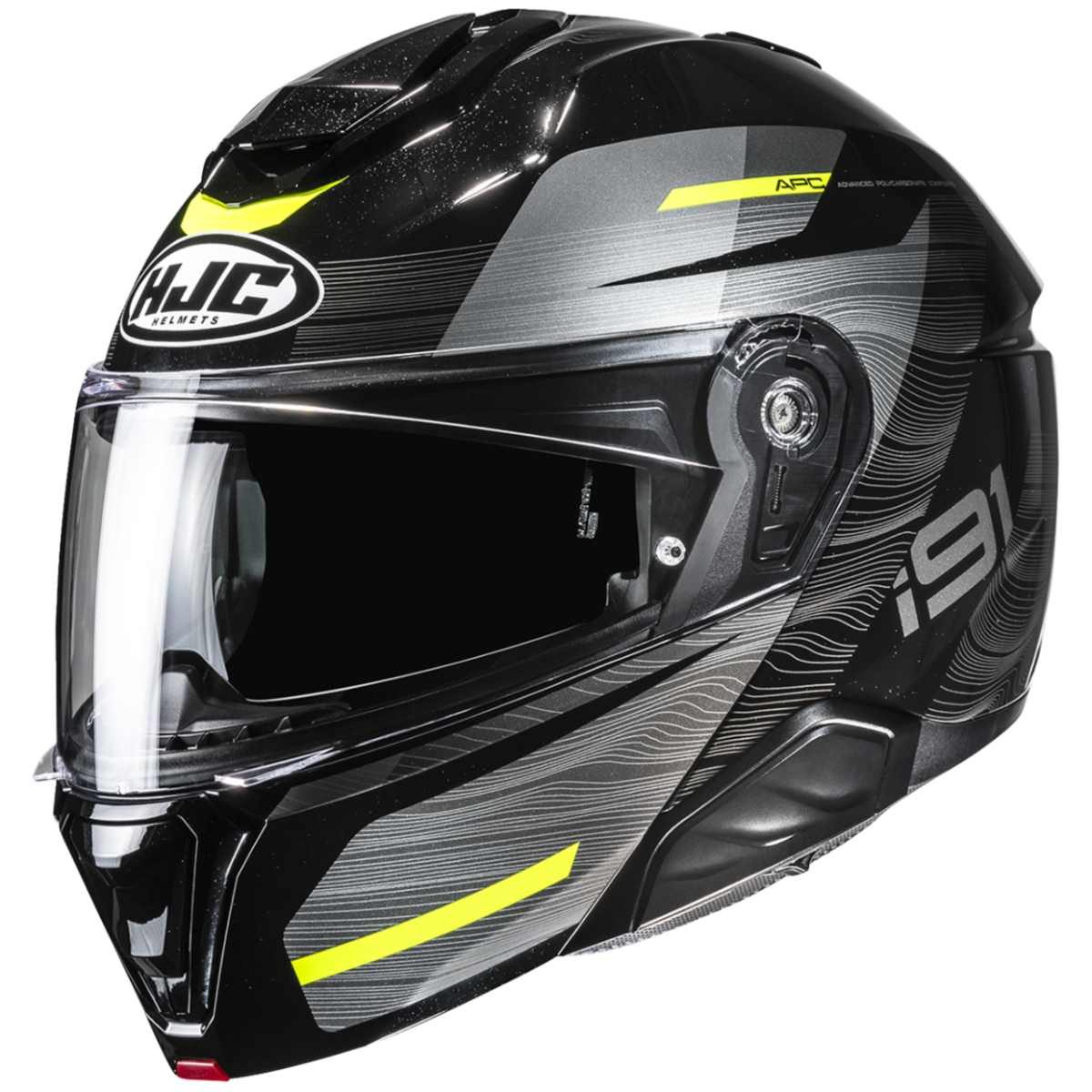 Black motorcycle helmet with yellow accents and HJC branding on a white background