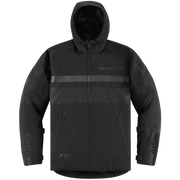 A black hooded jacket with gray reflective-style stripes and subtle textured paneling on the sleeves, featuring the ICON MOTOSPORTS logo on the chest.
