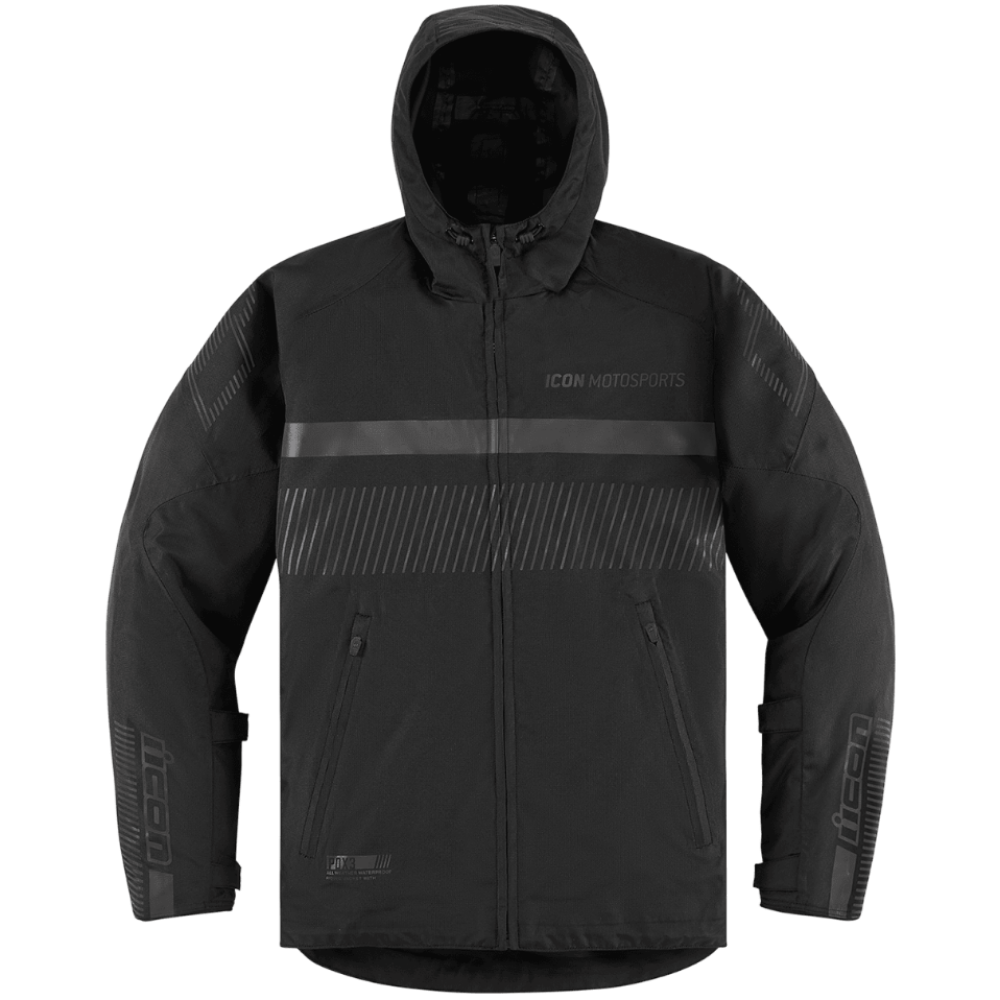 A black hooded jacket with gray reflective-style stripes and subtle textured paneling on the sleeves, featuring the ICON MOTOSPORTS logo on the chest.