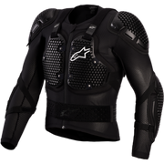 Black Alpinestars motorcycle armor jacket with integrated shoulder, chest, and elbow protectors, featuring a honeycomb mesh pattern and white brand logo on the chest.