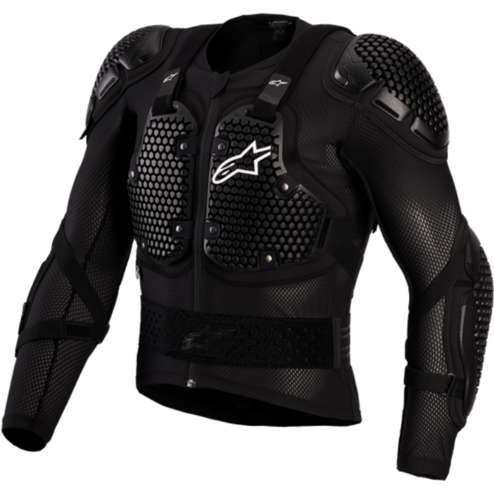 Black Alpinestars motorcycle armor jacket with integrated shoulder, chest, and elbow protectors, featuring a honeycomb mesh pattern and white brand logo on the chest.