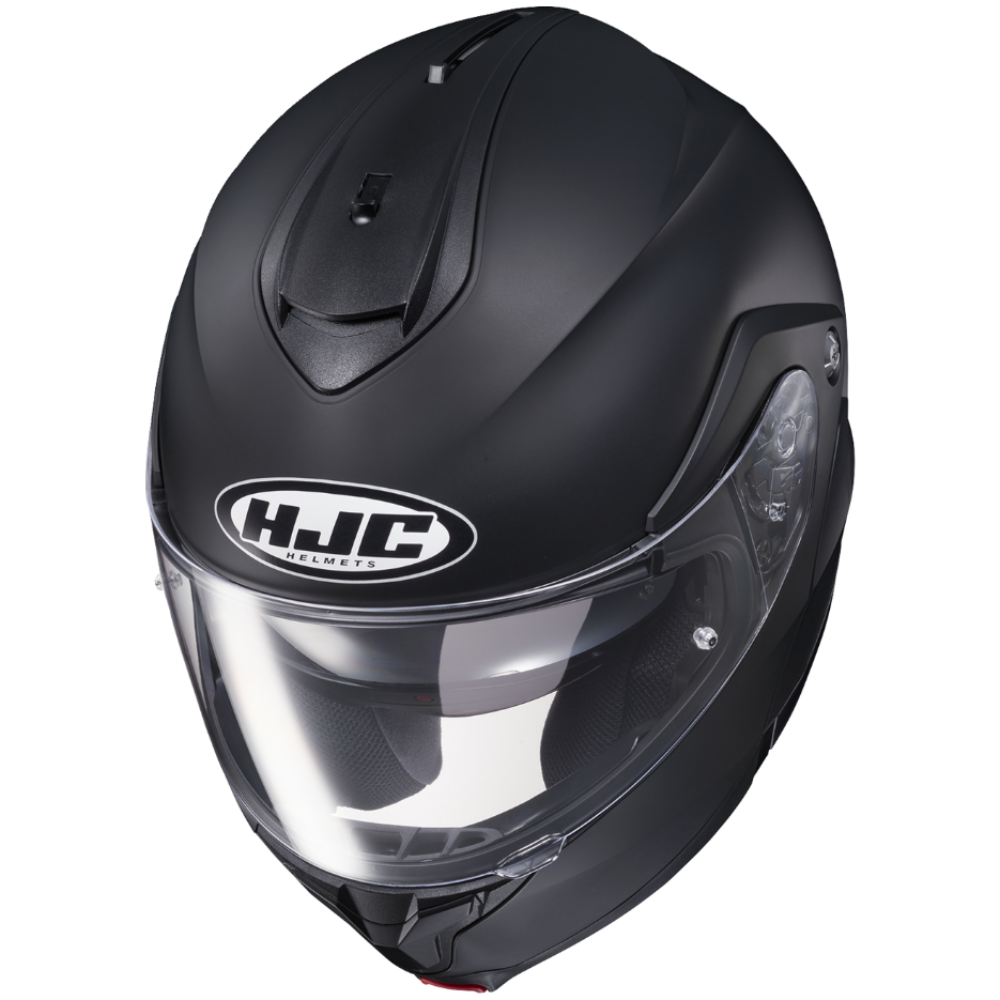Black HJC motorcycle helmet on a white background