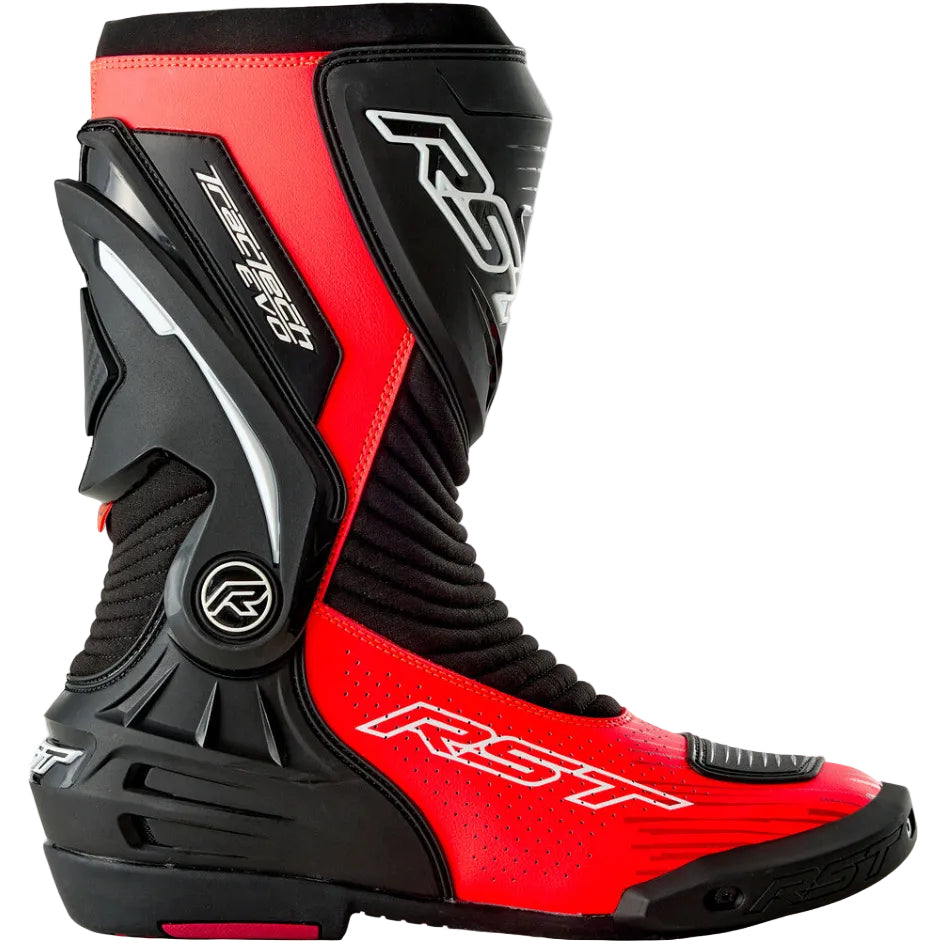 Red and black motorcycle boot with RST branding on a white background