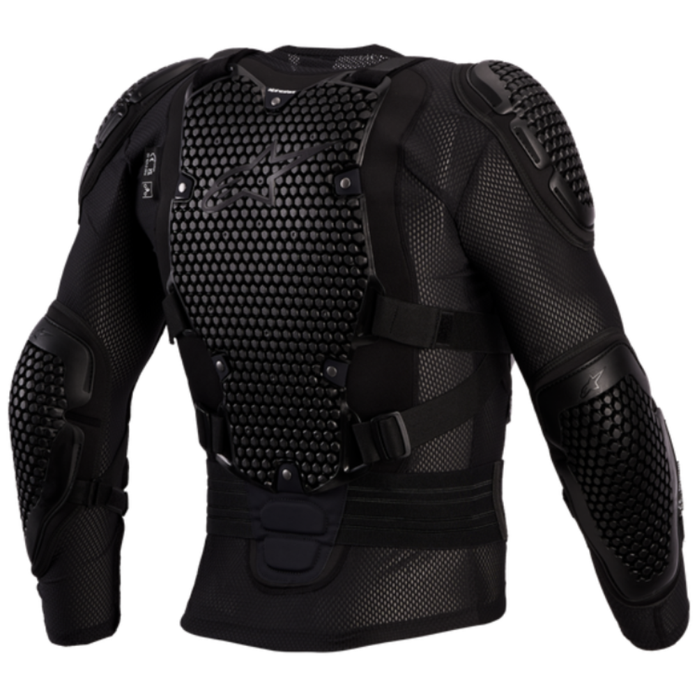 Black full-body protective armor vest with integrated shoulder pads, elbow guards, and a honeycomb-textured chest plate, shown on a white background.